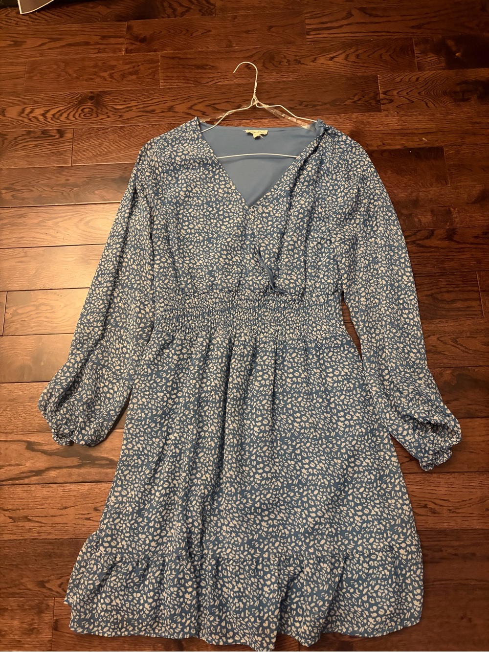 Blue Printed Long-Sleeve Smocked Waist V-Neck Dress